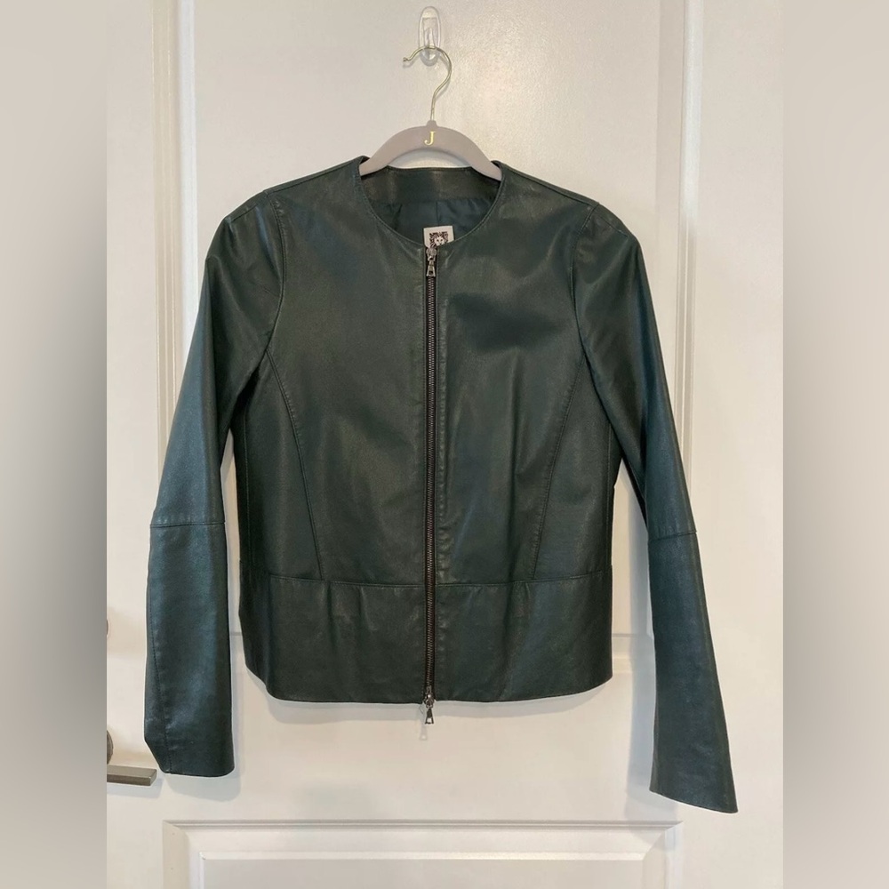 Anne Klein 100% Leather Blazer Crop Top Jacket  Womens Dark Teal Green Size